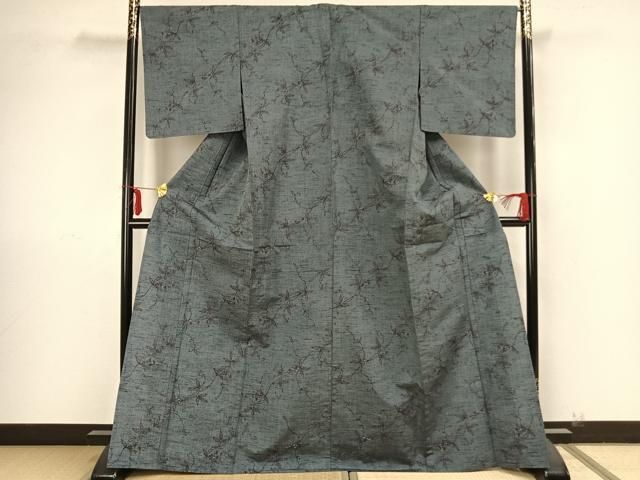 単衣 紬 華文様 正絹 k491 平和屋着物▽上質な紬 単衣 風景渡り橋草木文 正絹 逸品