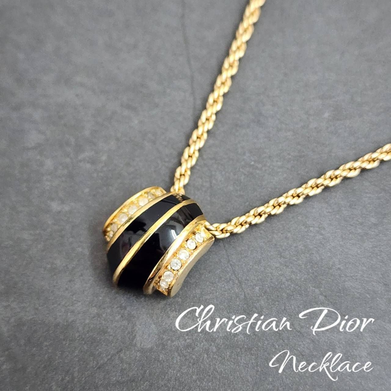 Christian Dior クリスチャンディオール ネックレス ラインストーン ブラック×ゴールドカラー アンティーク アクセサリー ヴィンテージ ブランド小物 デザイン