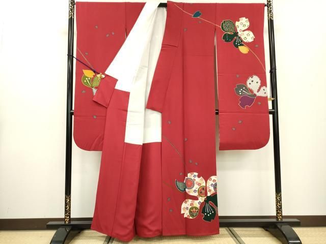 平和屋着物○豪華振袖 紗綾形花地紋 色無地 紅海老茶色 正絹