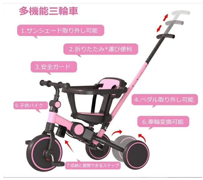 Vinona 子供用三輪車 6in1 三輪車 折りたたみ 手押し棒 おしゃれ 1歳-6