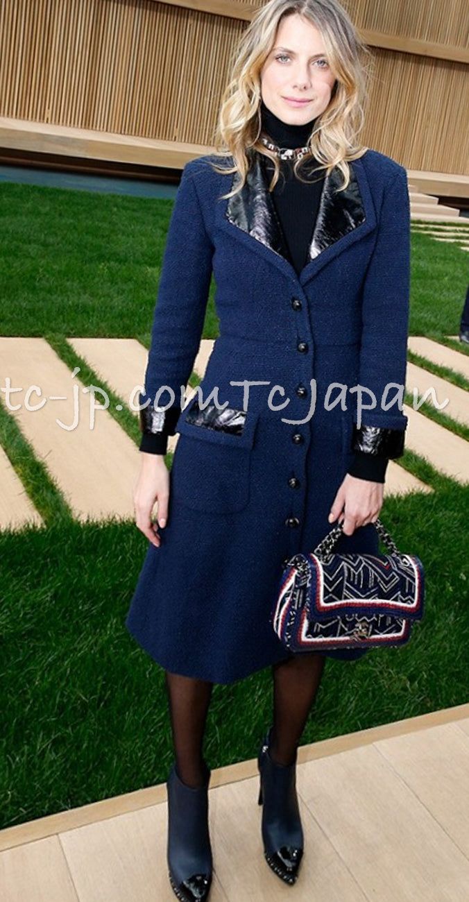 85万 シャネル コート CHANEL ネイビー ブラック レザー襟