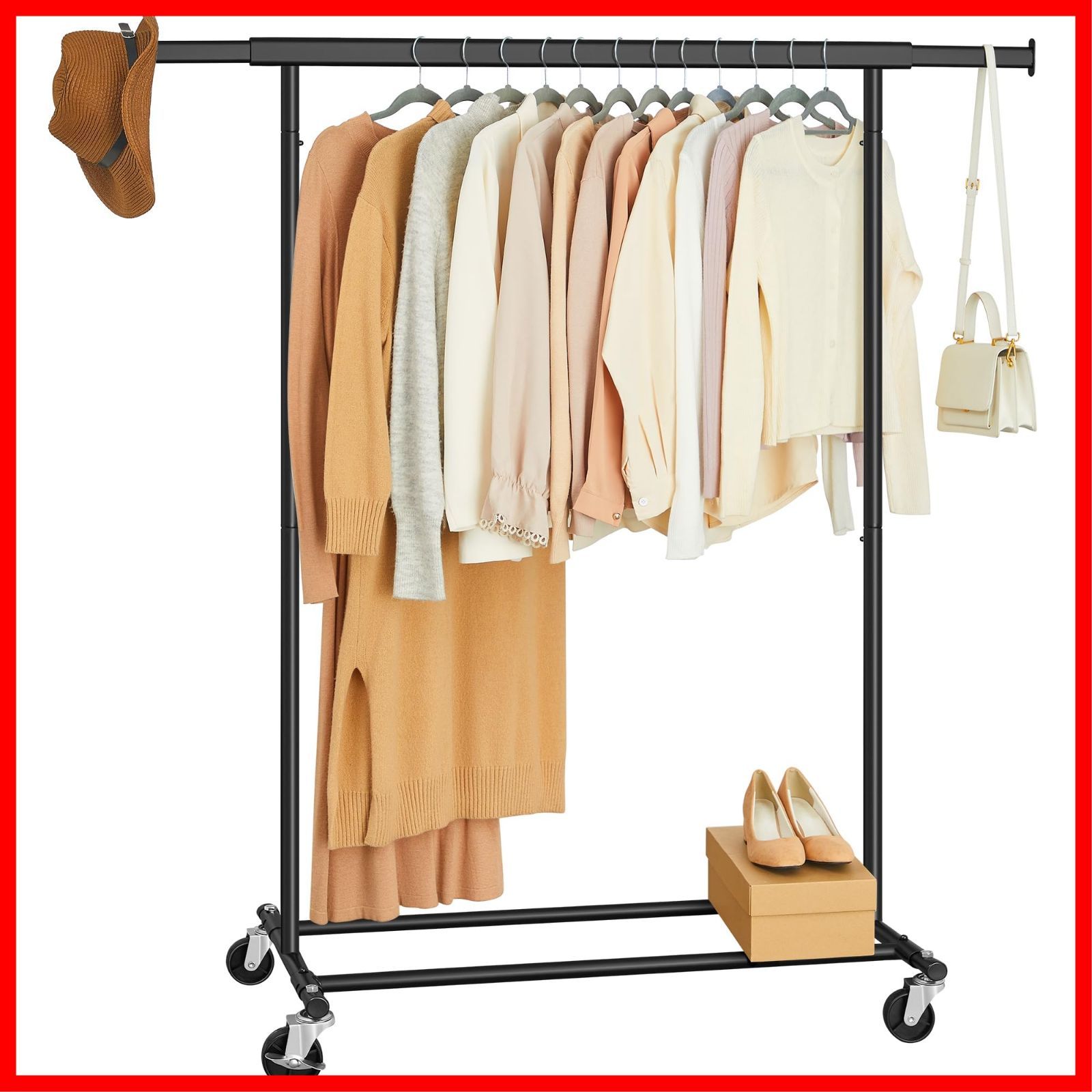 幅92~132cm 耐荷重100Kg 衣装掛け 大容量 頑丈 衣類収納 安定性 洋服ラック 業務用 キャスター付き 伸縮式 移動しやすい ハンガーラック 室内物干し ちょうどいいサイズ SONGMICS HSR13BKV1
