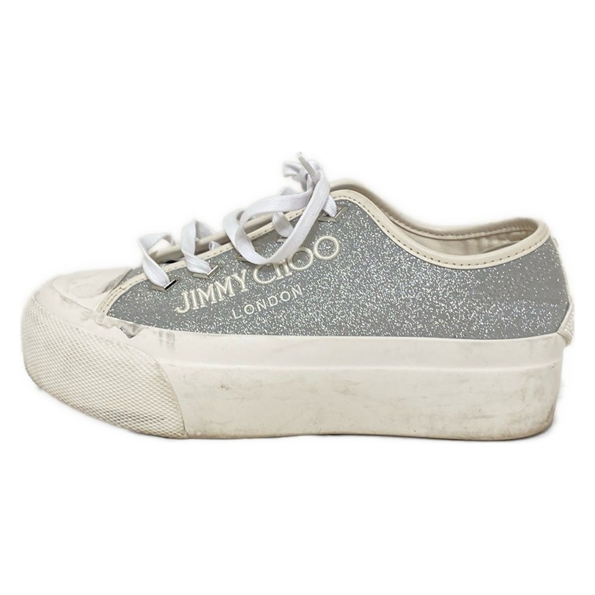 JIMMY CHOO グレー グリッター スニーカー Diamond Maxi/F II | White & Silver Nappa Leather Glitter Trainers