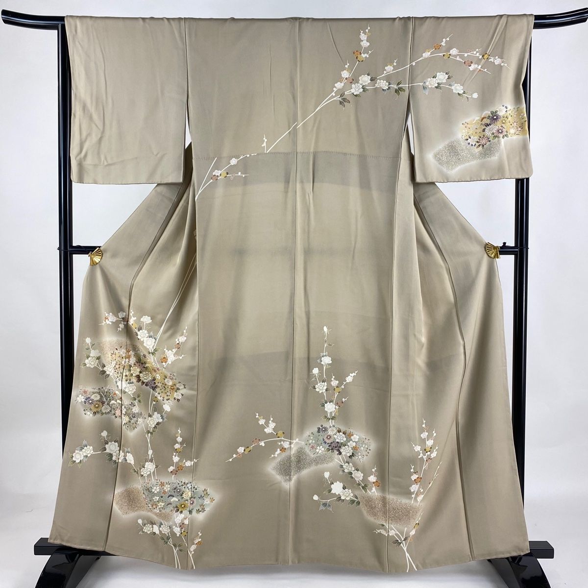訪問着 身丈161cm 裄丈66cm M 袷 扇面 草花 金糸 金彩 灰茶 正絹 名品