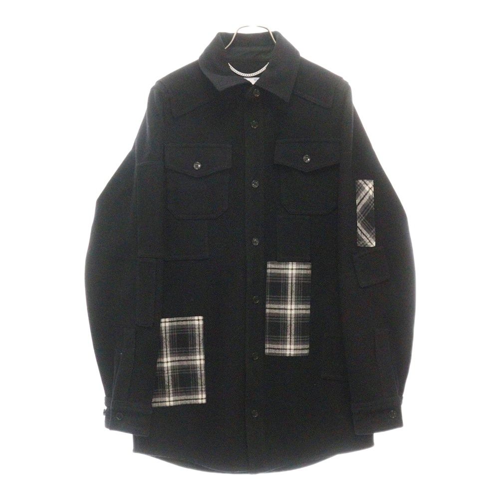 OFF-WHITE (オフホワイト) 20AW Tartan Detailed Shirt ロゴ刺繍ウールコート ブラック OMEA227E20FAB001