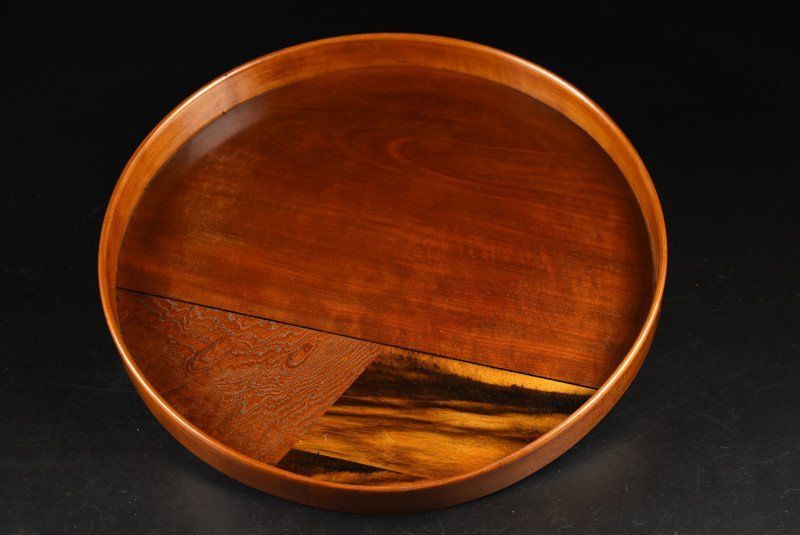 蔵A3288f 指物師 丸盆 五客 吐月庵 三種類の木 36㎝