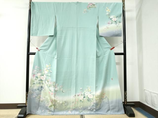 平和屋着物○訪問着 友禅 作家物 枝牡丹花文 暈し染め 正絹 逸品