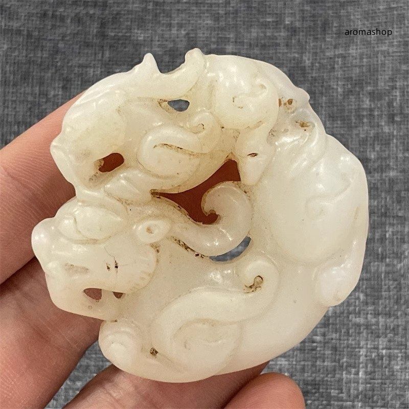 中国古美術 本物和田玉 根付 玉璧 龍鳳紋 旧蔵 コレクション 透かし彫り