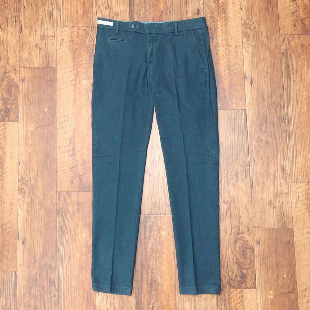 秋冬 NO LAB Clothing＆Co. 34インチ 美脚パンツ 綿ストレッチ ツイル織り 無地 ガーメントダイ イタリア製 青緑 グリーン md 185