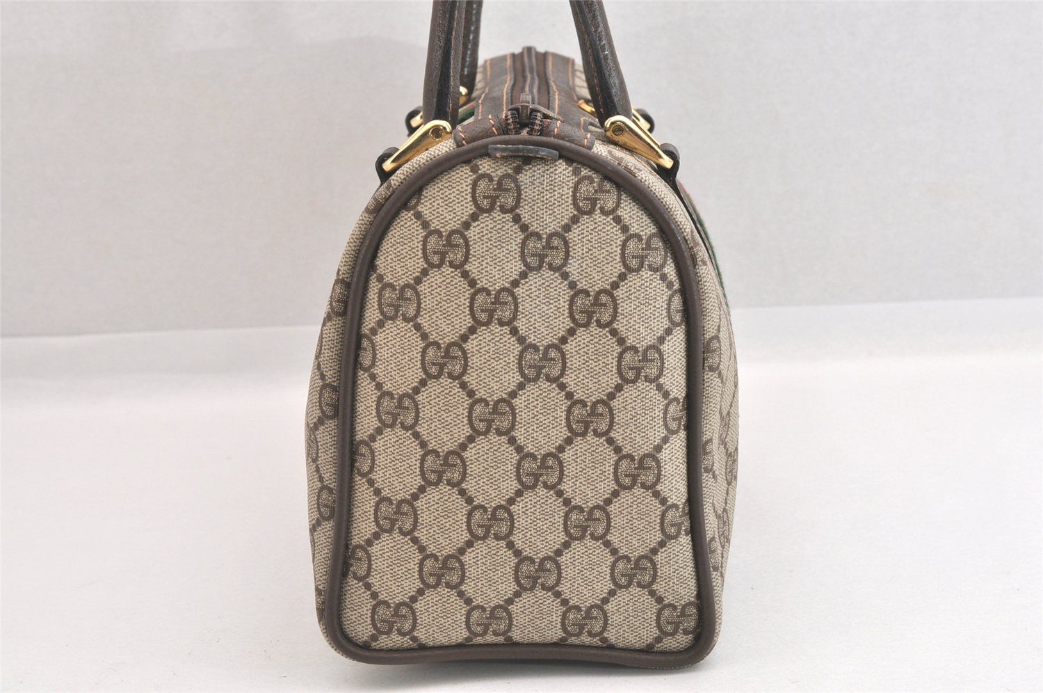 GUCCI グッチ ウェブ シェリーライン ハンドボストンバッグ GGピーブイシー レザー ブラウン 2501N DECORATOM_COM_BR