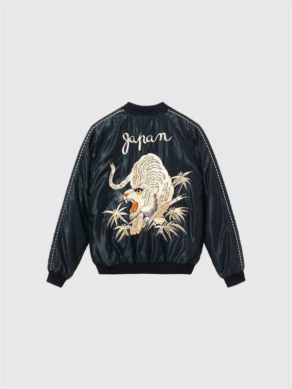 スカジャン 刺繍 龍 虎 ヴィンテージ リバーシブル ブラック 黒 サテン