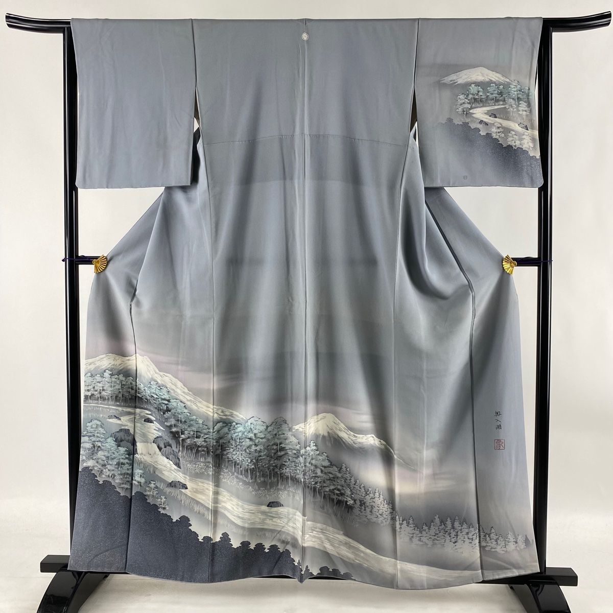 訪問着 秀品 落款 山風景 川 ぼかし 青灰色 袷 身丈159cm 裄丈63.5cm S