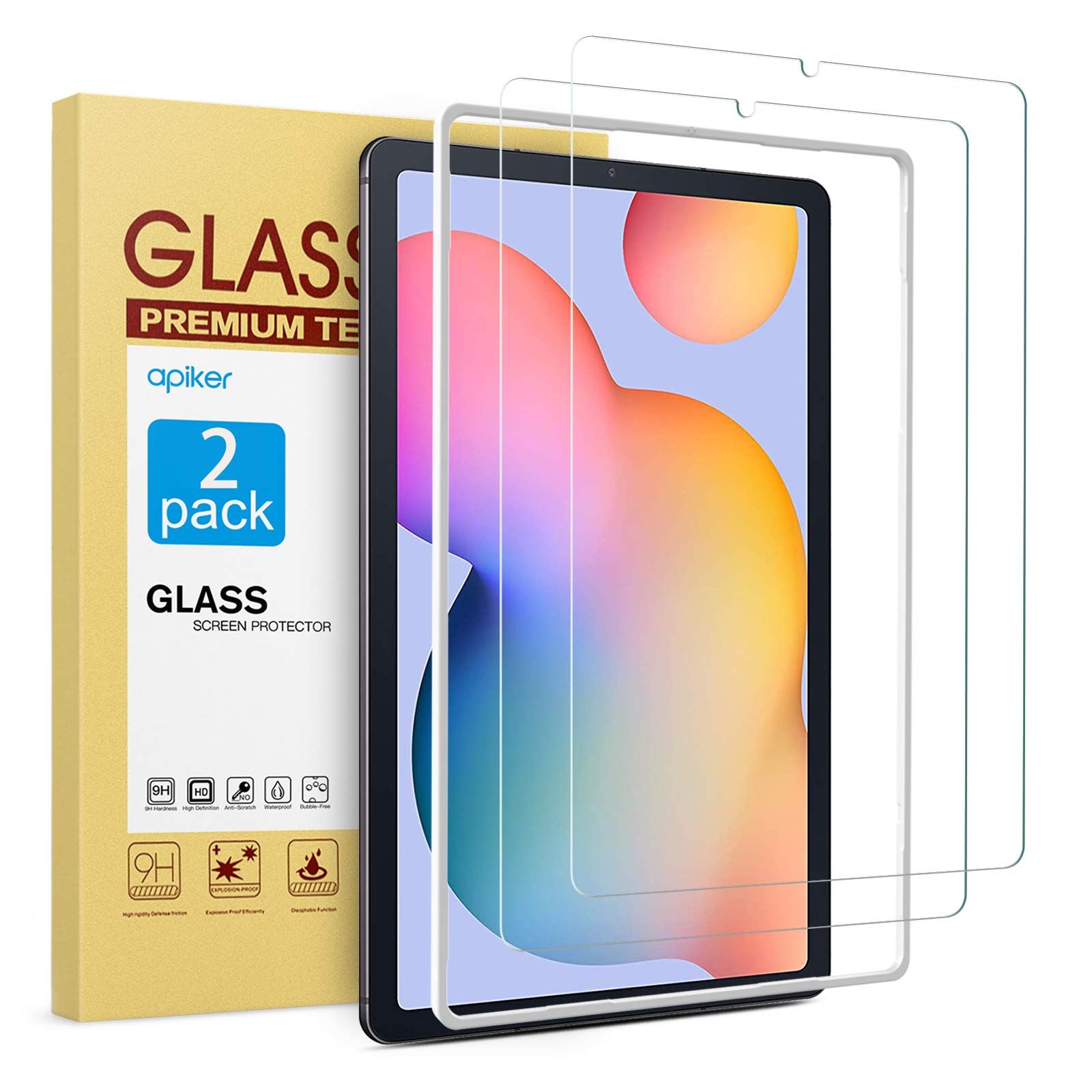 apiker HD強化ガラススクリーンプロテクター 2枚パック Samsung Galaxy Tab S6 Lite 10.4インチ対応 アライメントフレーム付き