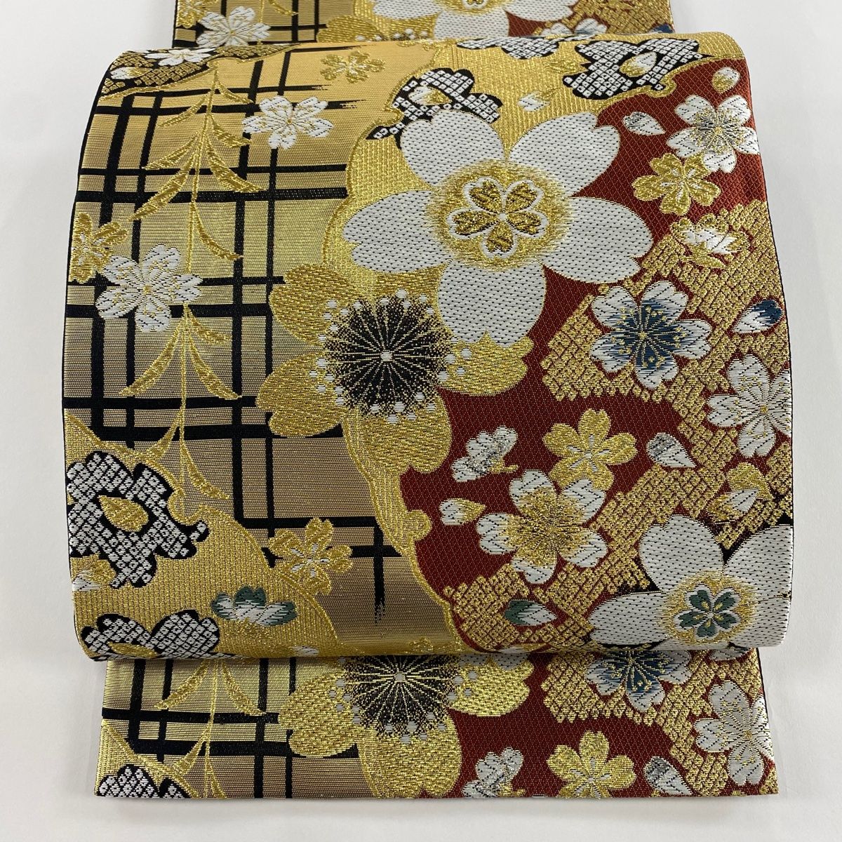 袋帯 秀品 振袖向き 鈴乃屋 桜 格子 箔 金銀糸 金色 六通 正絹