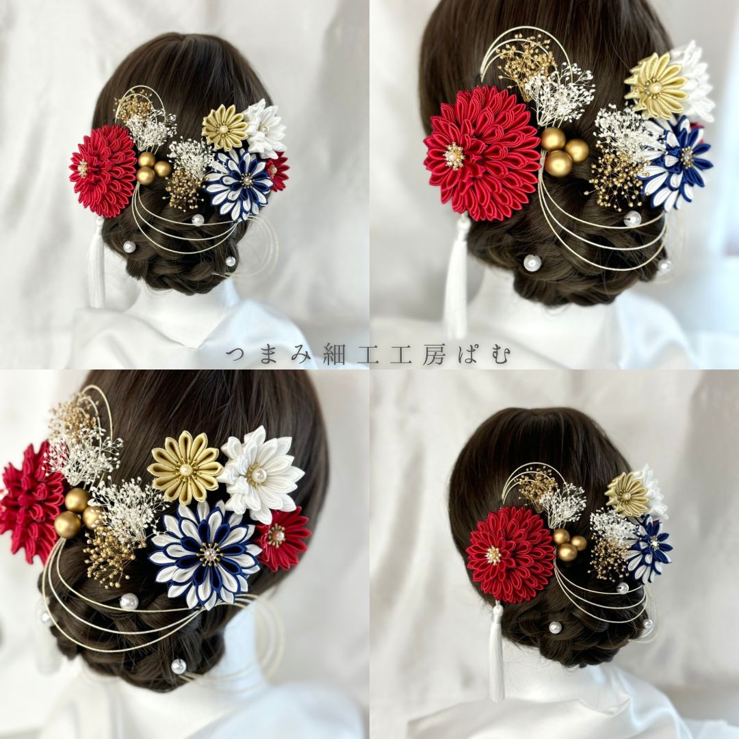 人気 サテンつまみ細工とかすみ草の髪飾り ウエディング 袴 振袖 ヘッドドレス ヘッドパーツ 色打掛 卒業式 成人式
