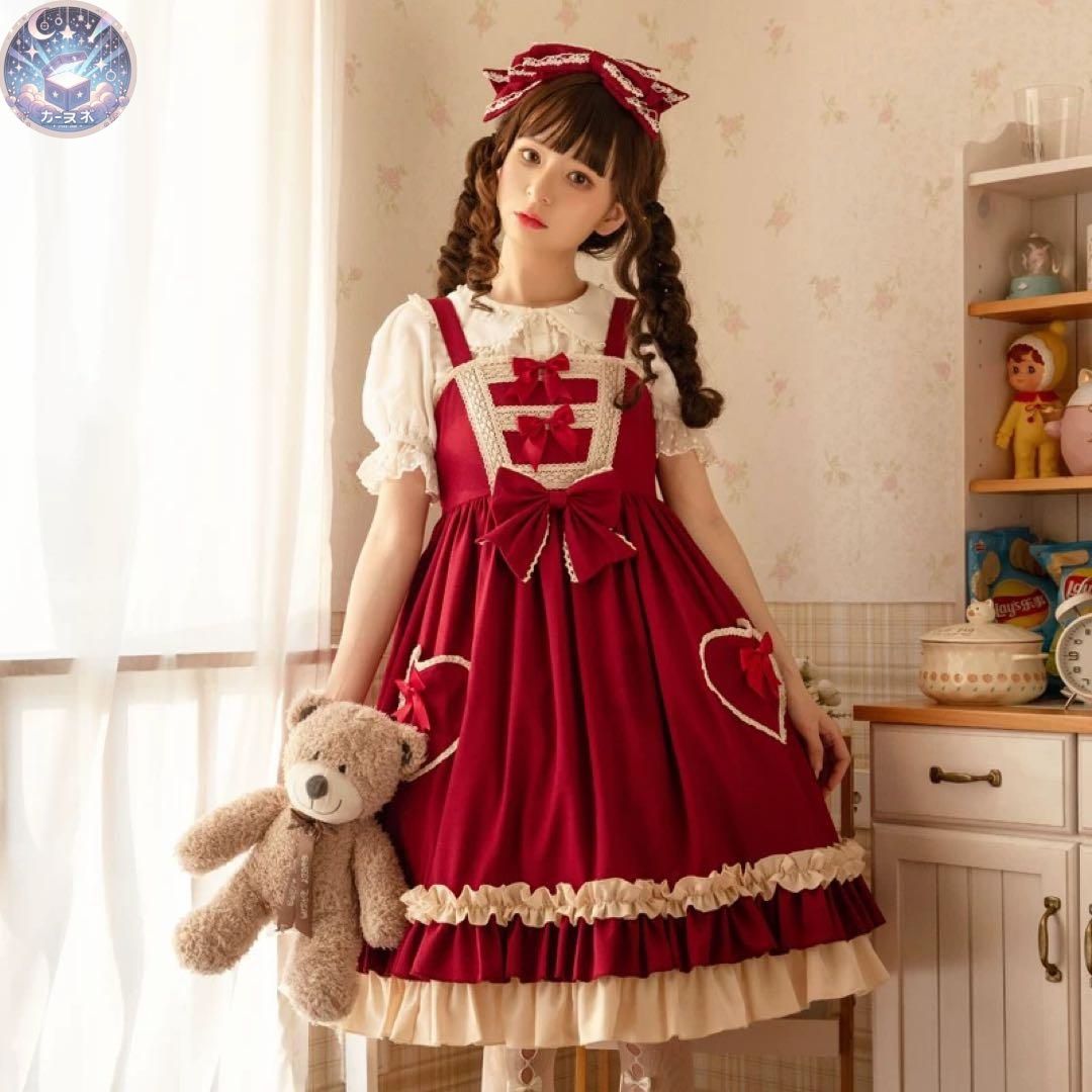 ♥ ロリータ 赤ハートポケットJSK♪ベージュ×リボン 甘ロリ
