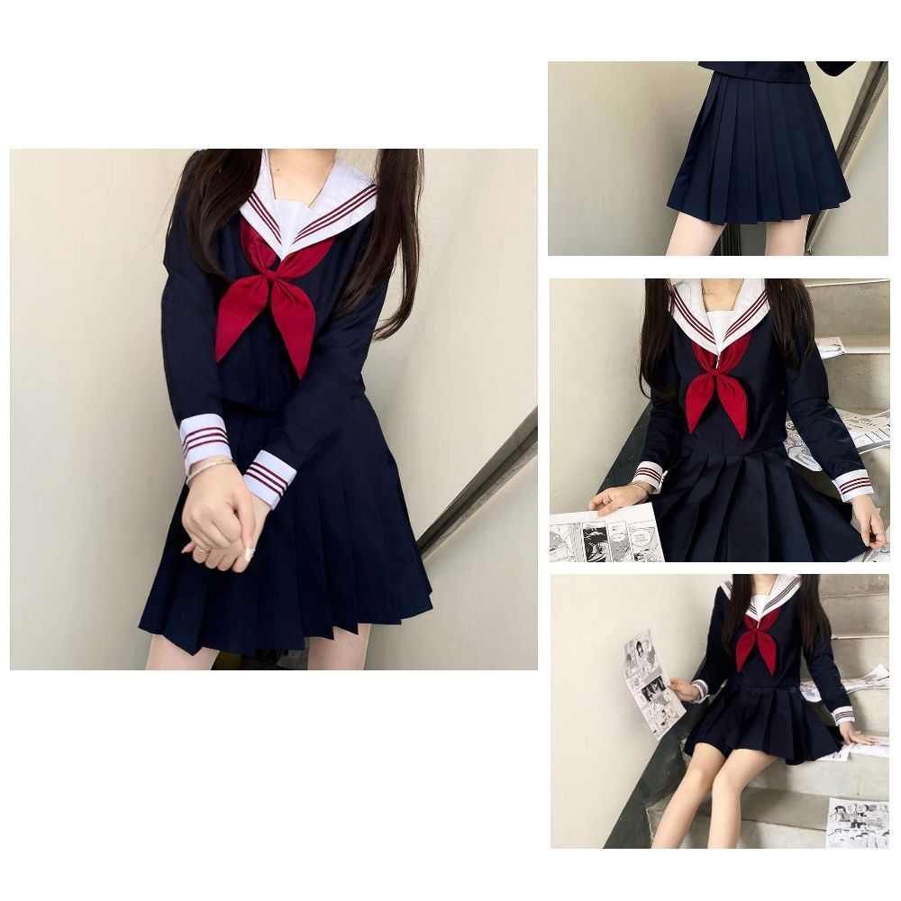 3点セット 制服 紺 セーラー服 セーラー トップス リボン スカート ...