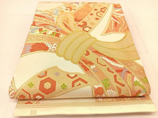 平和屋着物◎西陣 服部織物謹製 六通柄袋帯 風景文 こはく錦 二重箔織