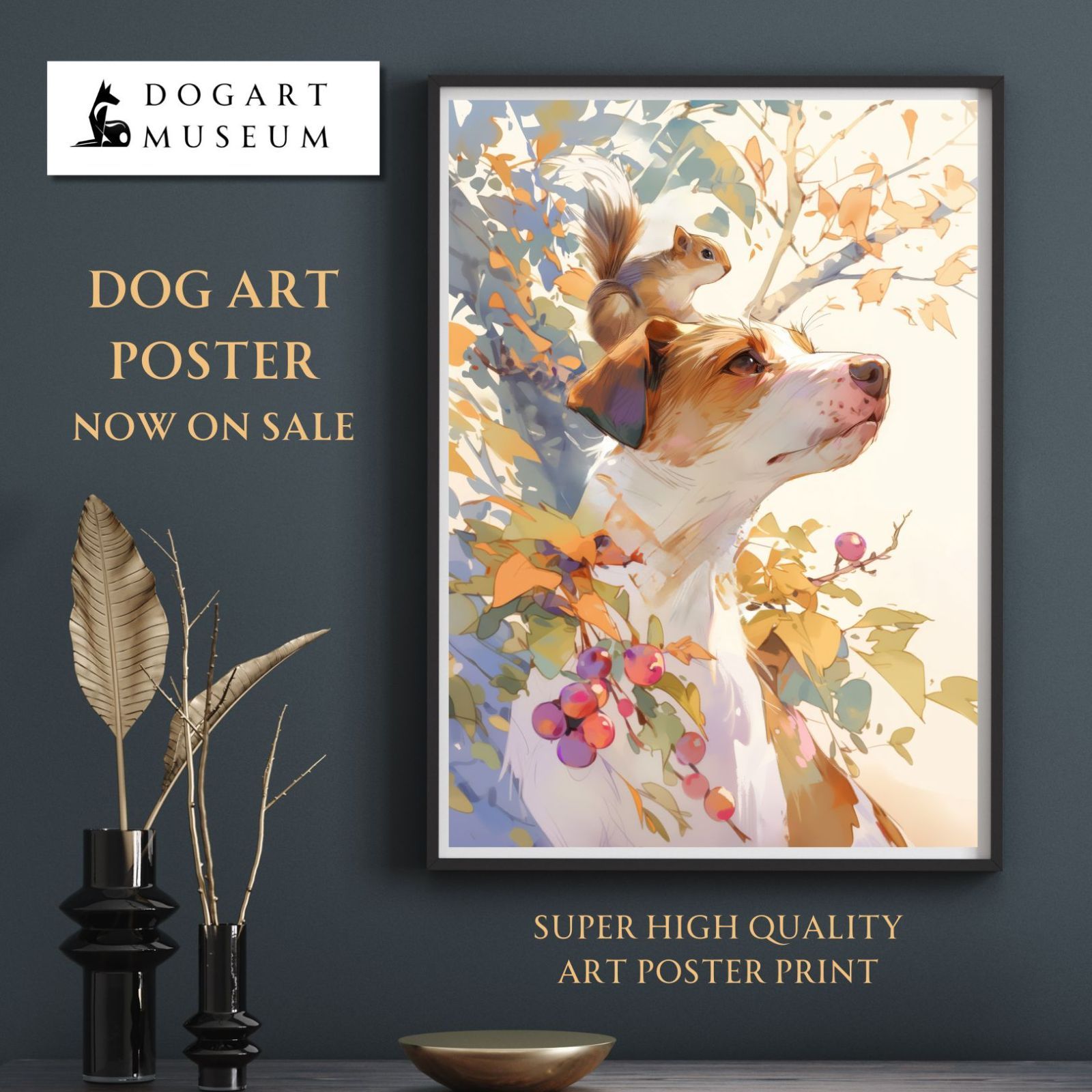 栗鼠犬戯舞 - ジャックラッセルテリア犬の子犬 No.1 リス 紅葉 秋 子犬 ペットロス うちの子記念日 アートポスター 犬の絵 犬のイラスト