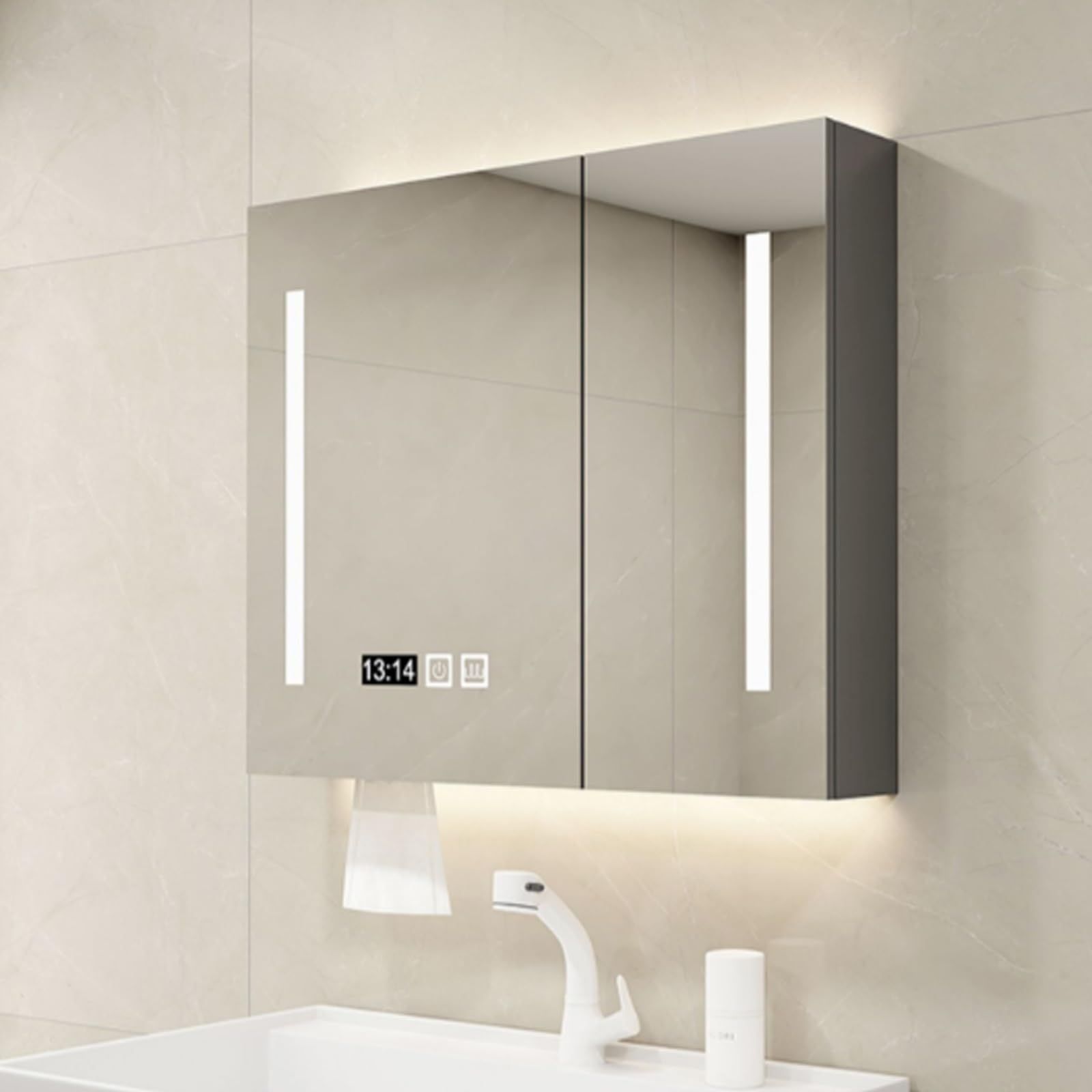 Gray Color 木製LED照明付き Size ミラーキャビネットミラーキャビネット ミラーキャビネット曇り止め浴室の壁のキャビネット洗面所 曇り止め洗面化粧台 ミラー 浴室 70 12 70cm 27.6 4.7 27.6in 鏡スマート調光