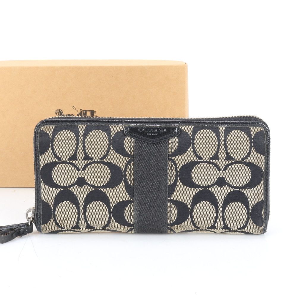 美品✨COACH 長財布 ラウンドファスナー キャンバス×レザー シグネチャー COACH コーチ ラウンドファスナー長財布 シグネチャー