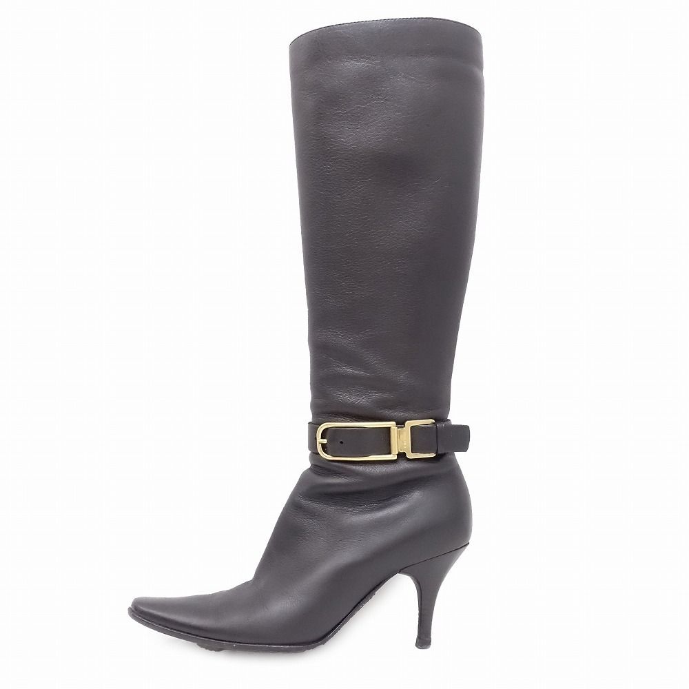 CELINE セリーヌ レザー ロングブーツ ロゴ ベルト付き ヒール CELINE セリーヌ レザー ロングブーツ ロゴ ベルト付き ヒール
