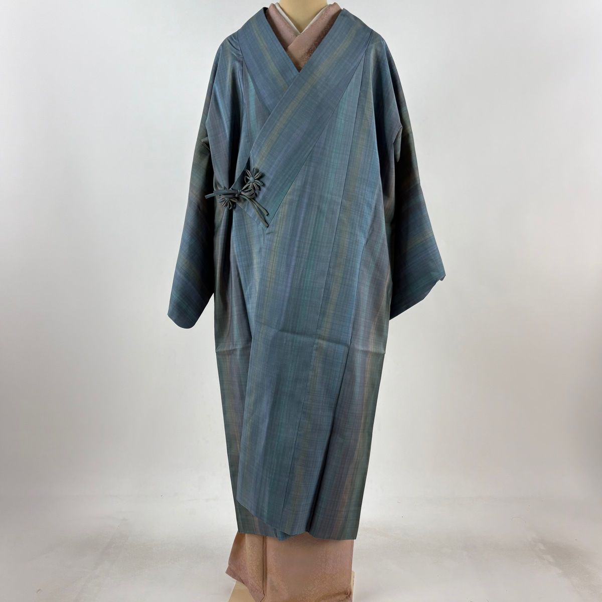 道中着 身丈124cm 裄丈68cm L 和装コート 着物衿 紬地 リバーシブル 縞 青灰色 正絹