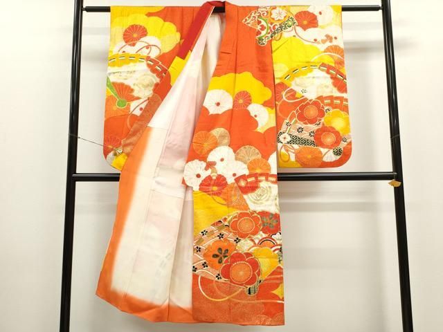 410ag53◎七五三 七歳 女児 着物&袋帯 総柄 花扇 金彩◎状態良好 ピンク地に花車と花扇の着物（金帯にアイボリー）／七五三・七歳