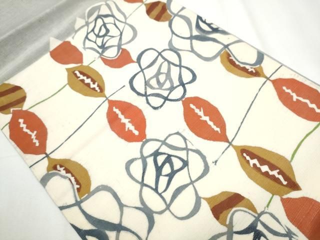 平和屋着物○太鼓柄 京袋帯 紬地 型染め 草花文 正絹 逸品 CAAY9638hy