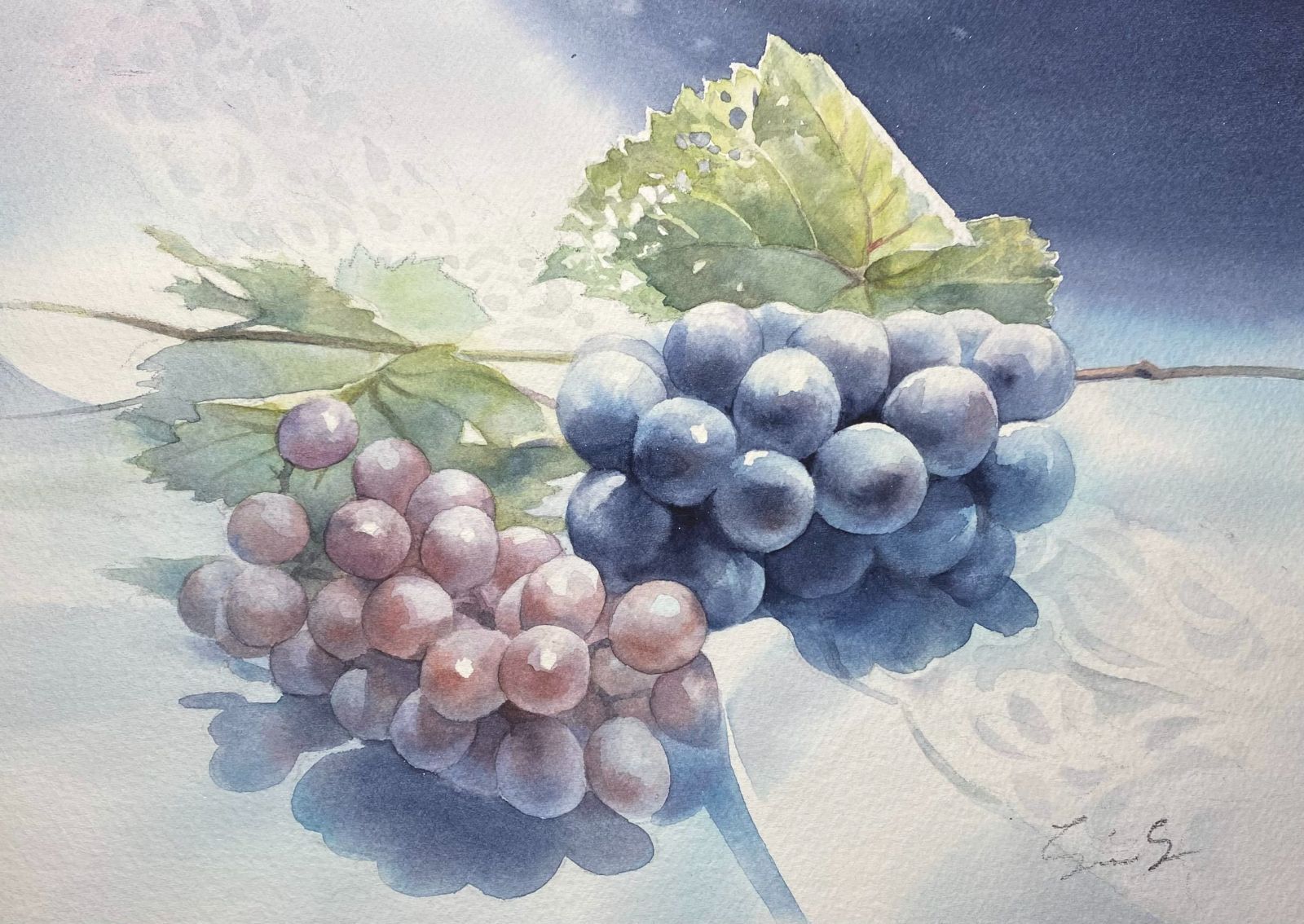 稔り】 水彩画 ぶどうの絵 絵画 号数SM 15.8×22.7 cm KONOYO