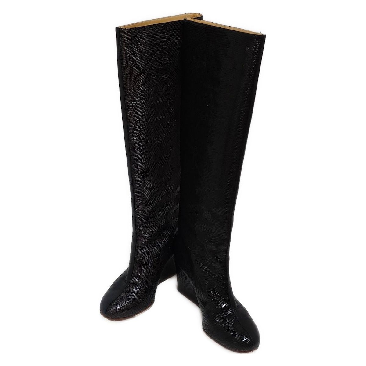 MM6 エムエムシックス ロングブーツ 37 レディース - 黒 ウェッジソール 型押し加工 アウトソール張替済 レザー