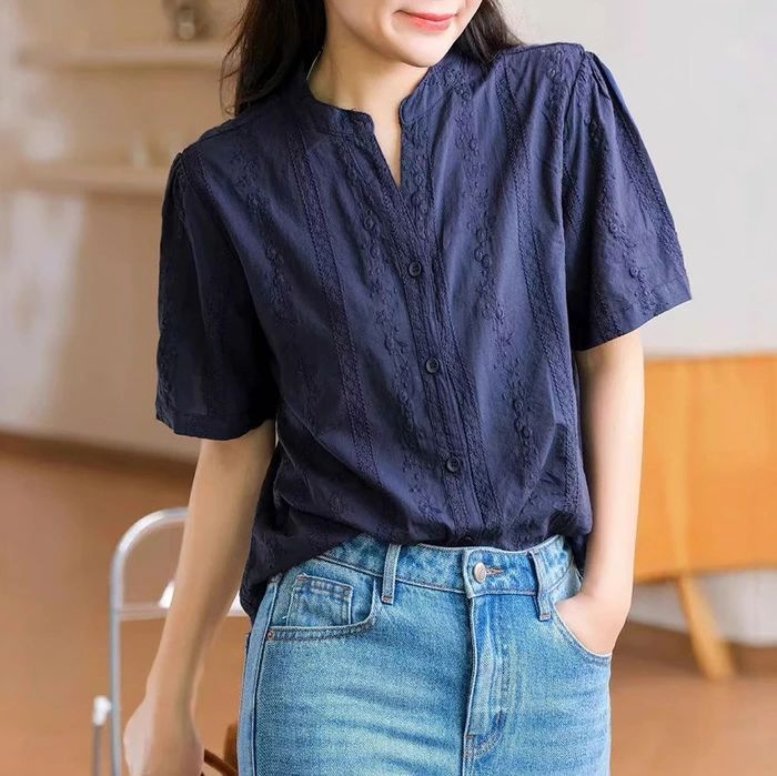 レディースシャツ春夏 レディーストップス 春夏ブラウス 刺繍 大きいサイズ ゆったり 綿麻ブラウス 大きいサイズ 五分袖 お出かけ オシャレ 可愛い 上品 シャツ 刺繍 トップス シャツブラウス レディース 前開き 半袖
