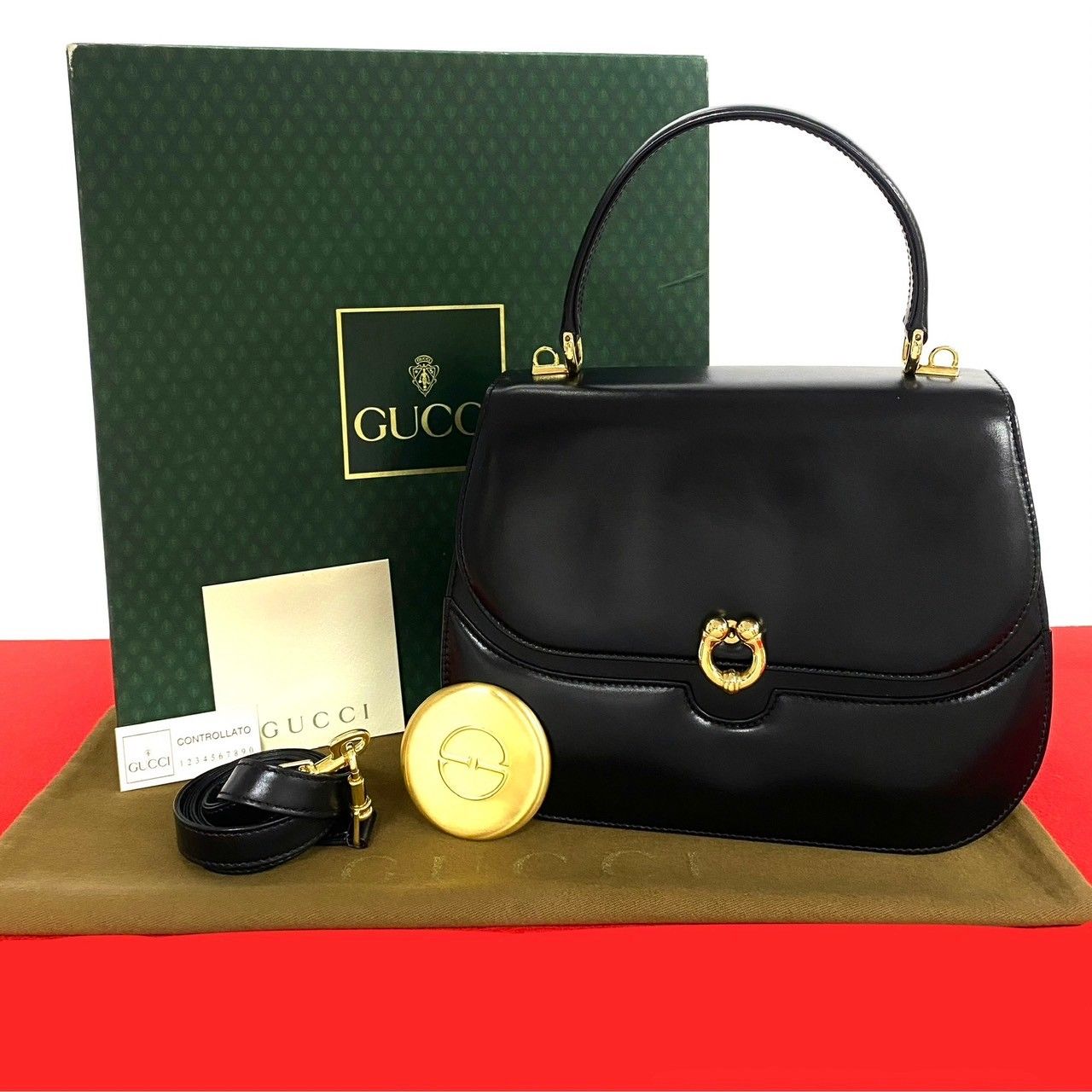 OLD GUCCI グッチ レザー ハンドバッグ ブラック ホースシュー 金具 未使用保管品 箱付き GUCCI グッチ オールドグッチ ホースシュー