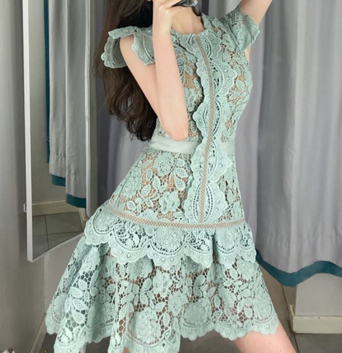 結婚式 パーティー レースワンピース ノースリーブ ミニ丈 b8771