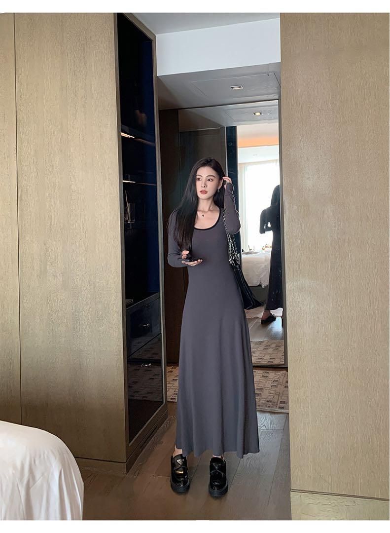 春のお出かけニットロングワンピースコントラスト Uネック長袖