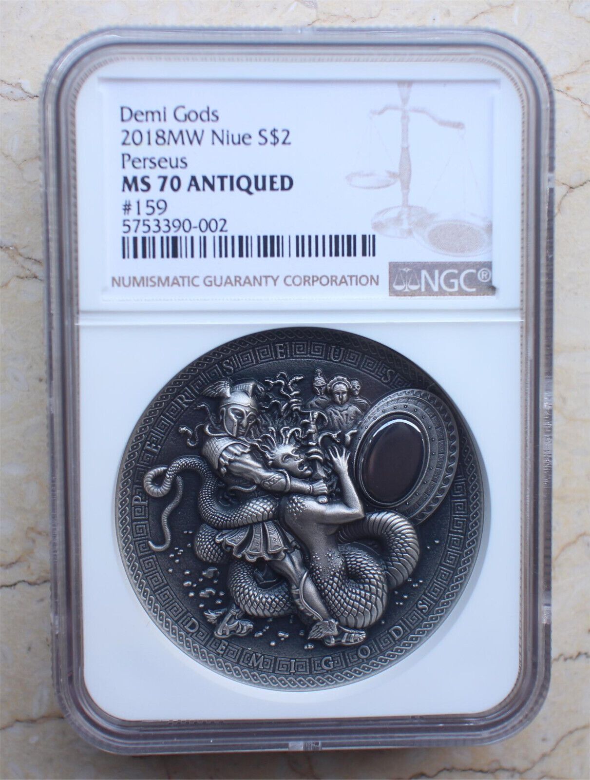 NGC MS70 Antiqued 2018 Niue Demi Gods Perse Solid Silver 62g Coin
