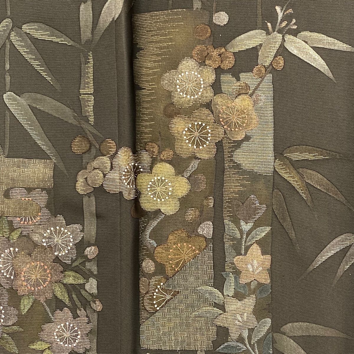 訪問着 身丈165cm 裄丈68cm L 袷 短冊 竹 金銀糸 刺繍 焦茶色 正絹  