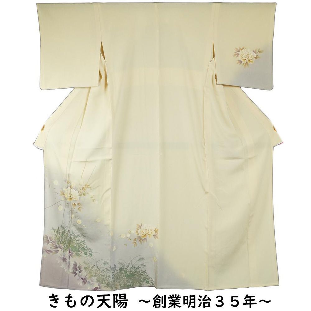 単衣 着物 付下げ訪問着 洋花模様 ちりめん Sサイズ 正絹 【中古 