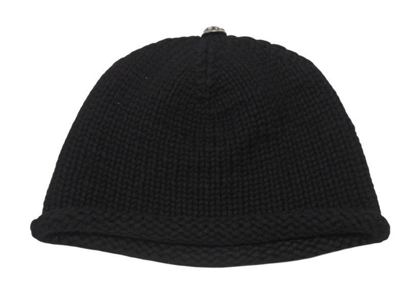 CHROME HEARTS クロムハーツ BSフ レザーパッチ ニットキャップ BSフ ボタン ビーニー カシミヤ ブラック ONE SIZE 4b007395