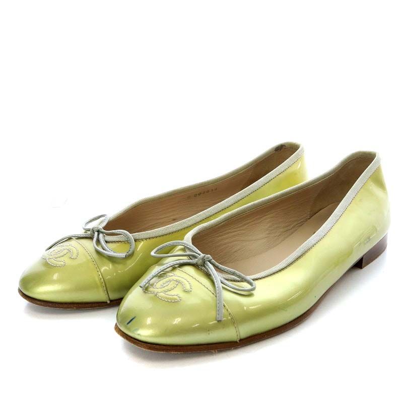 シャネル CHANEL バレリーナ パンプス フラット ココマーク リボンモチーフ パテントレザー 37.5C ゴールド色 G02819 |YO23