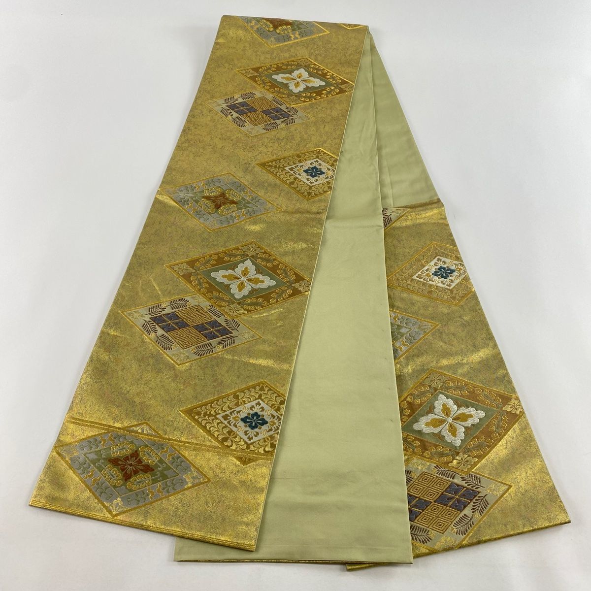 美品】 袋帯 名品 川島織物 落款 関西仕立て 菱 花菱 唐織 箔 金色 六