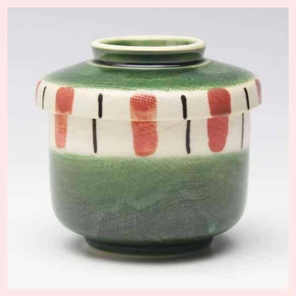 3Pセット）瀬戸焼 織部刷毛十草（紅） むし碗 ※陶器,民芸品,工芸品