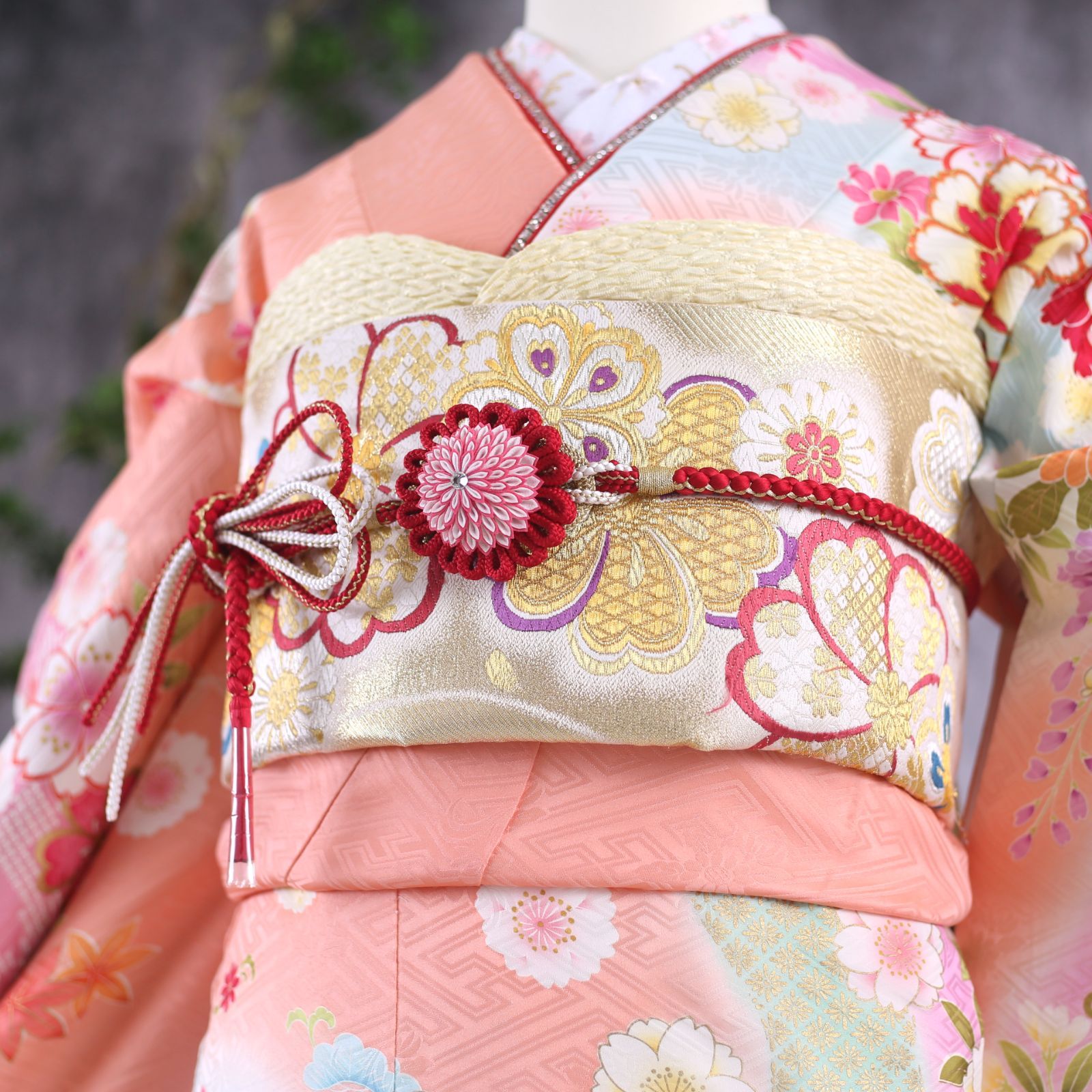 【美おり】振袖 正絹 振袖フルセット 7点セット 成人式 桜文様 くすみブルー セール】 仕立付き 正絹振袖 フルセット32点 白色 くすみ色 花柄
