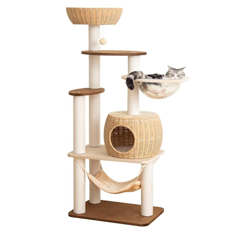 なになにLife キャットタワー 据え置き おしゃれ 大型 高さ144cm 大型猫 木製ボードにベルベット張り 手編みカゴ 耐久性 シニア猫 モフモフ 人気 隠れ家 登りやすい 省スペース 簡単組立 インテリア性 多頭飼い スリム 夏冬兼用 見晴台付き 0