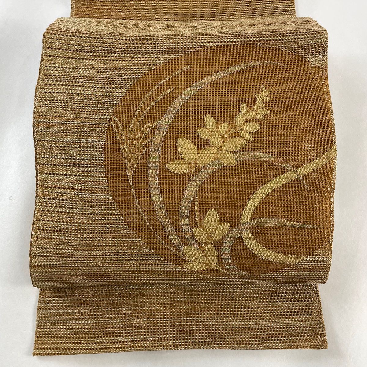 名古屋帯 秀品 夏帯 八寸名古屋帯 松葉仕立て トンネル仕立て 萩 すすき 金糸 ラメ糸 山吹茶色 正絹