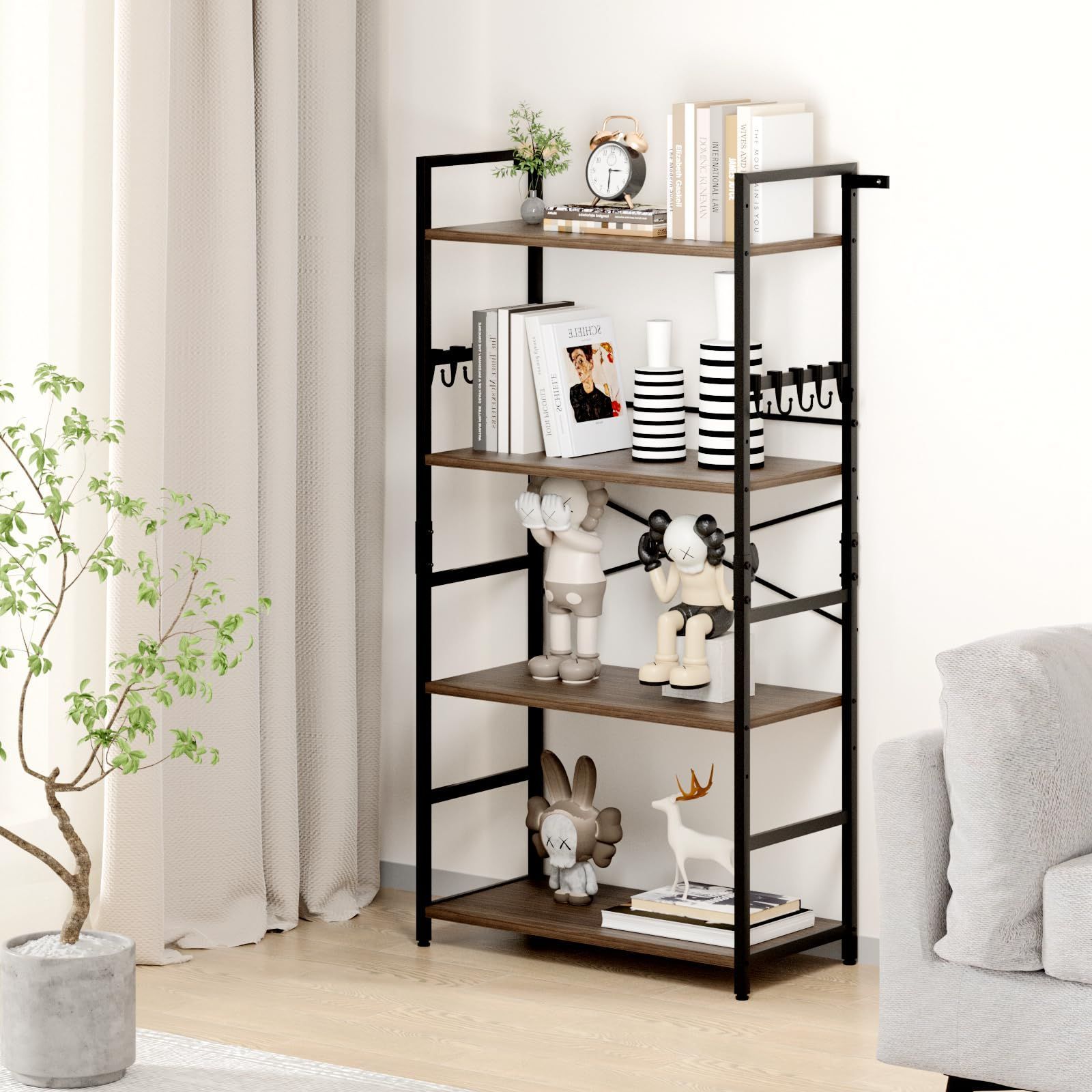 オープンシェルフ キッチンラック 4段ラック アイアン家具 ウッドシェルフ MJKQ9 アイアンラック 4段 ラック 黒 棚 シェルフ オープンラック