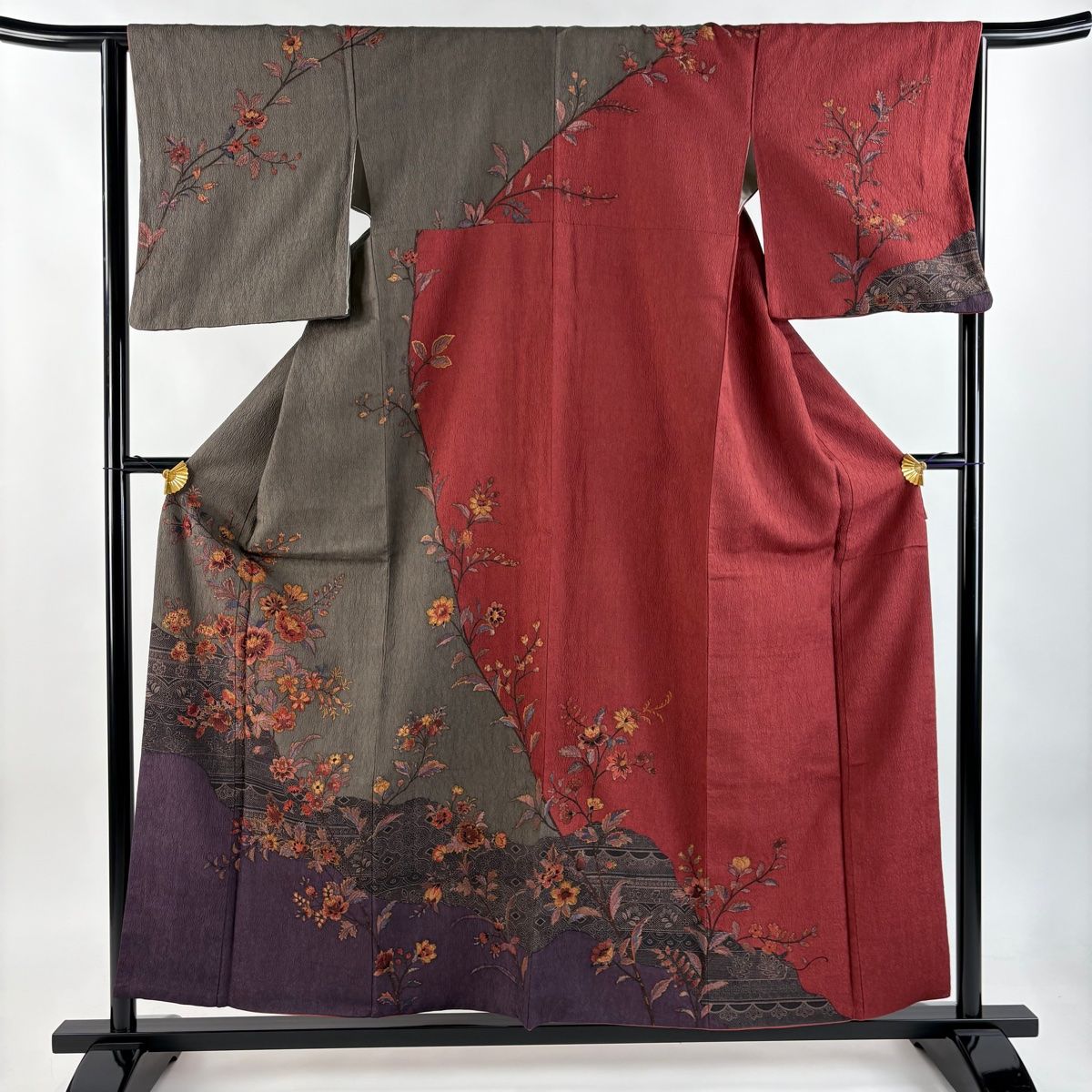 訪問着 身丈157cm 裄丈64cm M 袷 やまと 草花 幾何学 灰茶 正絹 秀品