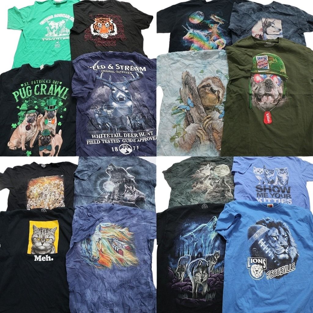 古着卸 まとめ売り アニマル 動物 半袖Tシャツ 16枚セット (メンズ L ) ユニコーン イヌ タイガー ライオン ネコ  古着 NB0482