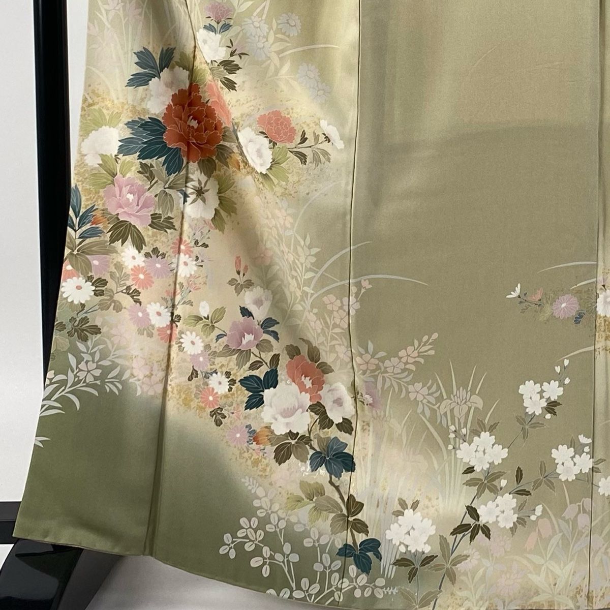 訪問着 身丈166cm 裄丈67.5cm L 袷 牡丹 草花 金銀彩 ぼかし 灰茶 正絹 秀品