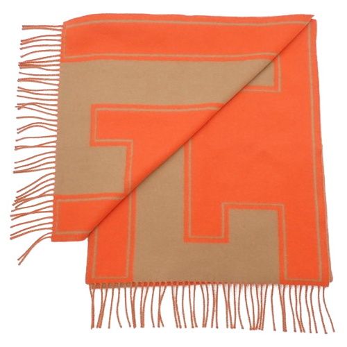 ■グラフィカル【 HERMES 】カシミアマフラー クレ・ドゥ・Ｈ HERMES(エルメス) クレ・ドゥ・H オレンジ キャメル茶 カシミヤ